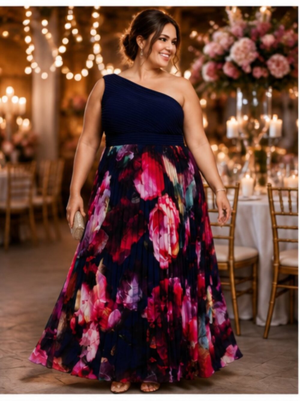 Xscape Plus Size 18W One-Shoulder Pleated Floral Gown Navy Fuchsia NWT